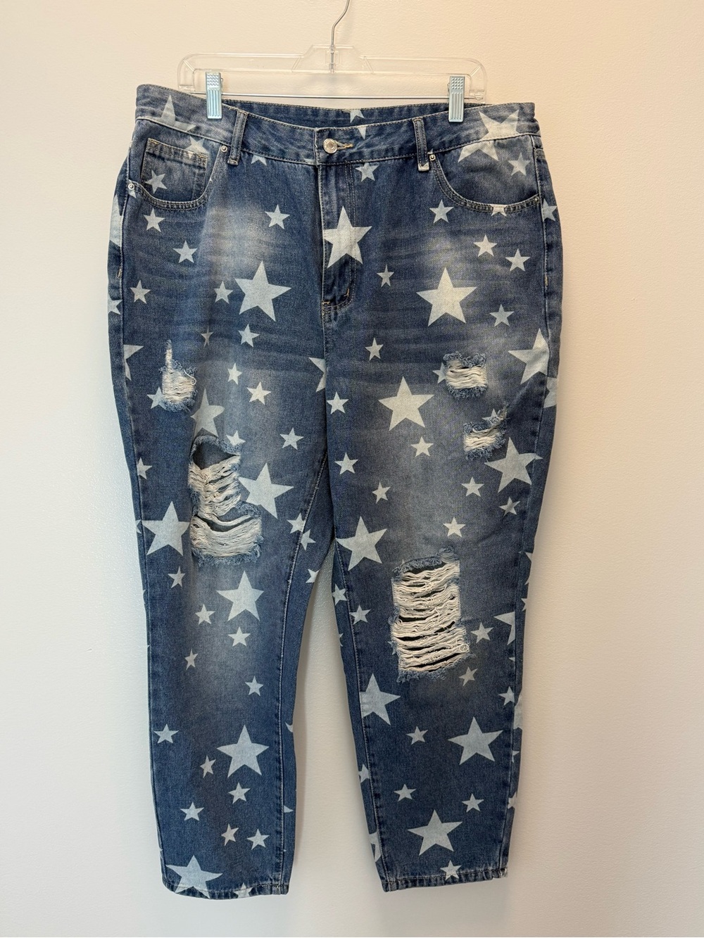 Plus-Size Star Print Distressed Jeans - Blue